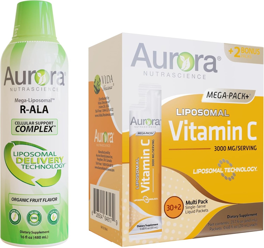 Aurora Nutrascience Mega-Liposomal R-ALA mit CoQ10 & L-Carnitin Complex & Mega Liposomal Vitamin C, 3.000 mg Bundle