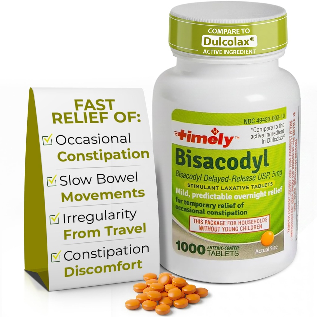 Timely Laxative Bisacodyl 5mg Tabletten - Stimulant Laxatives for Constipation Fast Acting & Gentle - Overnight Constipation Relief für Erwachsene -1000 Tabletten