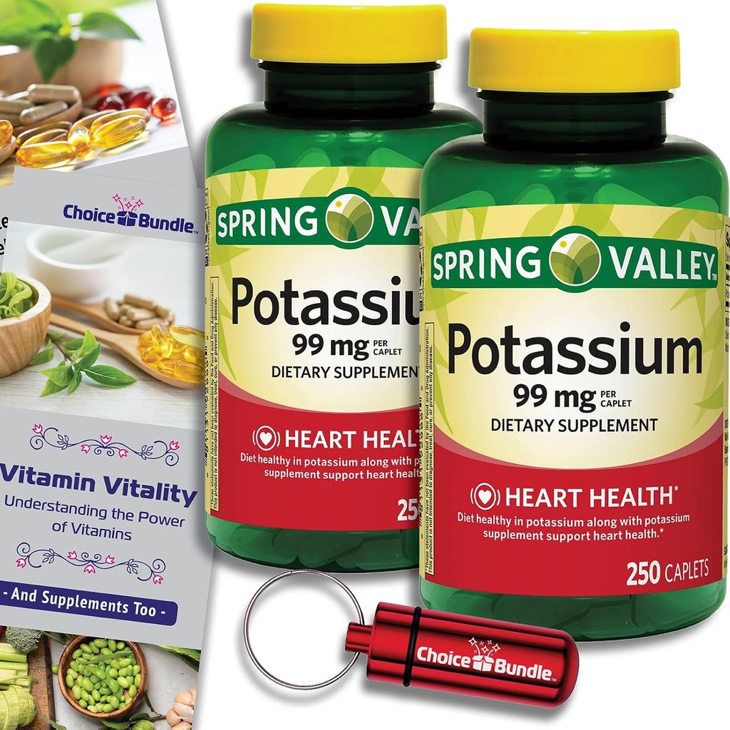 Wählen Sie Bundle Spring Valley Potassium Herzgesundheit Nahrungsergänzung Caplets 99 mg 250 CT 2 pk (500 Gesamt) + “Vitamin Vitalität” Guide & Schlüsselanhänger Pille Container (4 Artikel)!