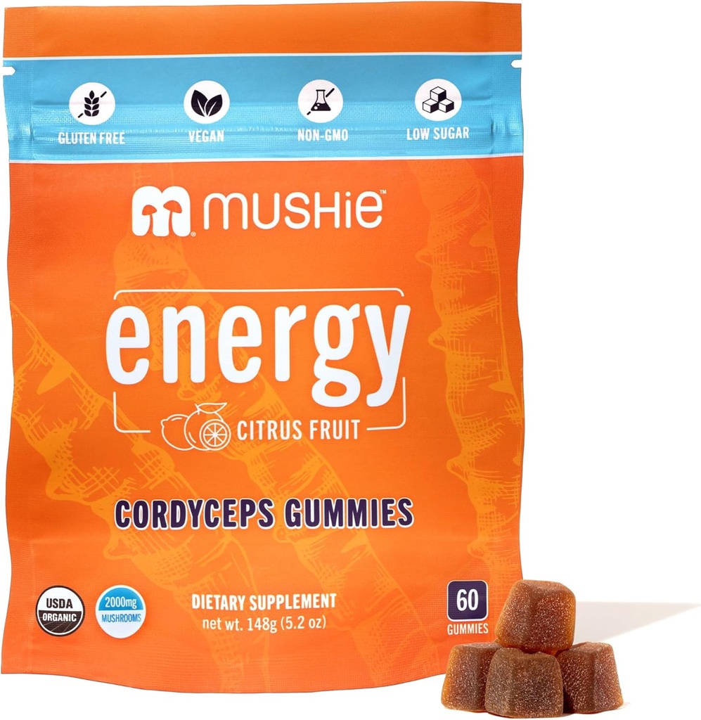Mushie 100% Bio Cordyceps Pilzgummis - 2000mg Cordyceps Militaris Nootropic für Energie & Immununterstützung mit Vitamin D - Vegan, Glutenfrei - 60 Count
