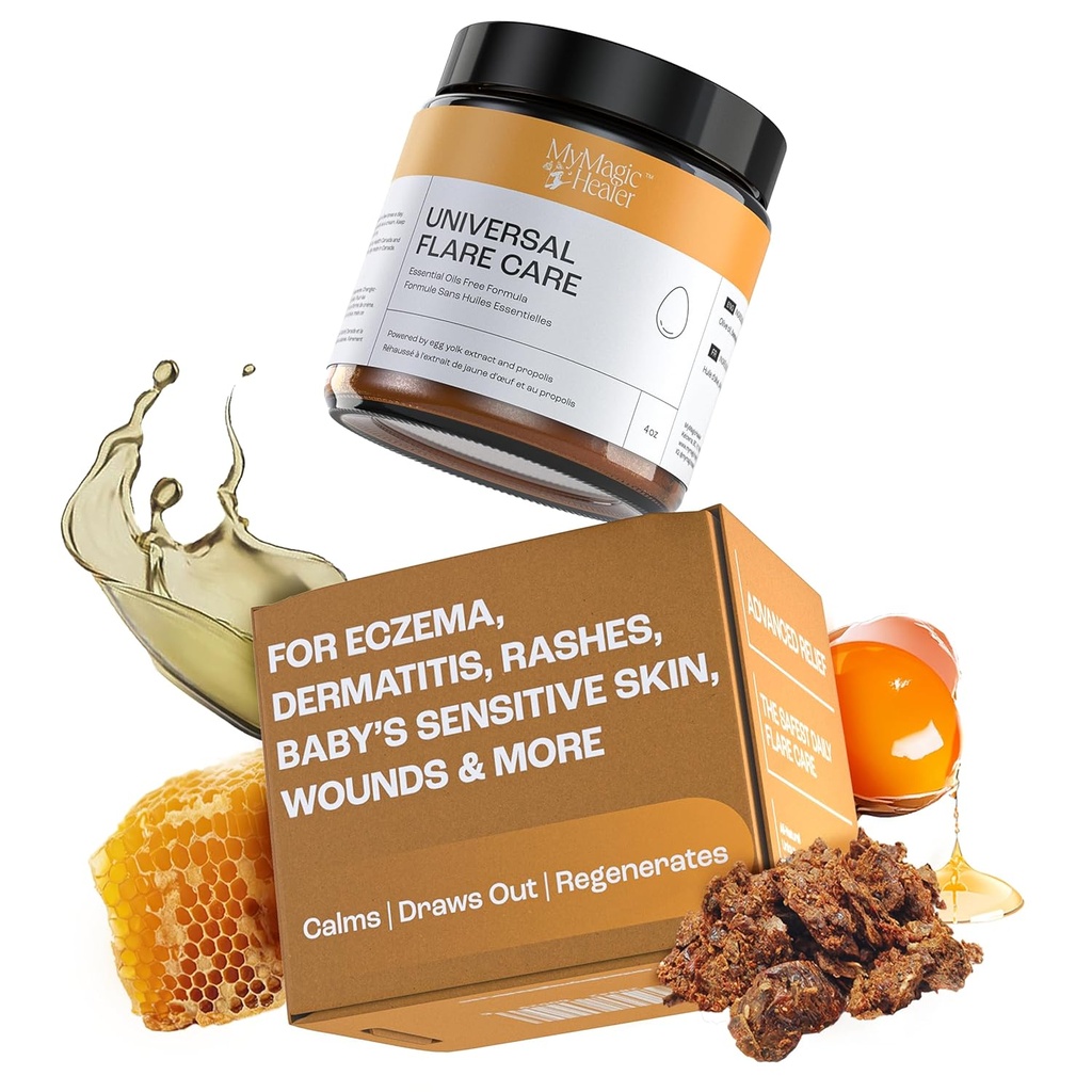 MyMagicHealer Universal Flare Care | Essential Oil Free | Relief für Rashes, Eczema, Psoriasis, Hidradenitis Suppurativa, Impetigo, Dermatitis, Wound Care, Sensitive Skin w/Propolis & Egg Yolk 4 oz