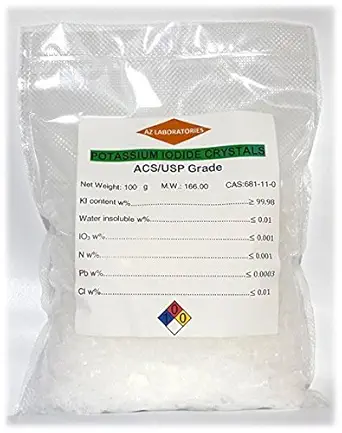 Iodide de potassium, USP Grade 100 grammes. Poudre de cristaux fins