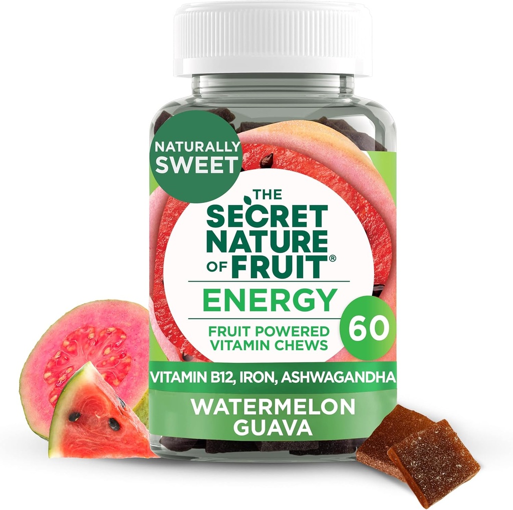 The Secret Nature of Fruit Energy Chews, Real Fruit Powered Vitamin Chews mit Vitamin B12, Eisen, Ashwagandha, Watermelon & Guava für lange Dauerenergie (60 Count), Pink