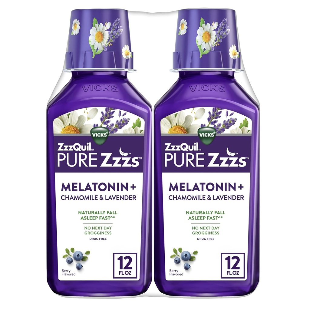 ZzzQuil Pure Zzzs Melatonin Liquid, Schlafhilfe, flüssiges Melatonin 2mg, mit Kamille & Lavender, Fall Asleep Fast, Melatonin Schlafhilfen für Erwachsene, Berry Flavored, 2 Pack, 24 FL OZ