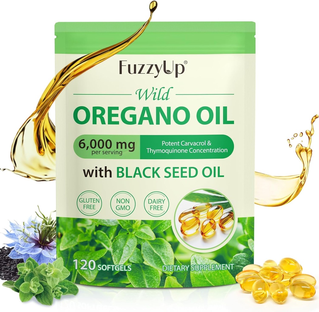 Capsules d'huile d'Origan, 2 en 1 6000mg Huile d'Origan avec huile de graines noires 200mg, Huile d'Origan Softgels 120 Compte, Capsules d'huile d'Origan biologique, Support immunitaire, Non-OGM, Sans lait, Sans gluten