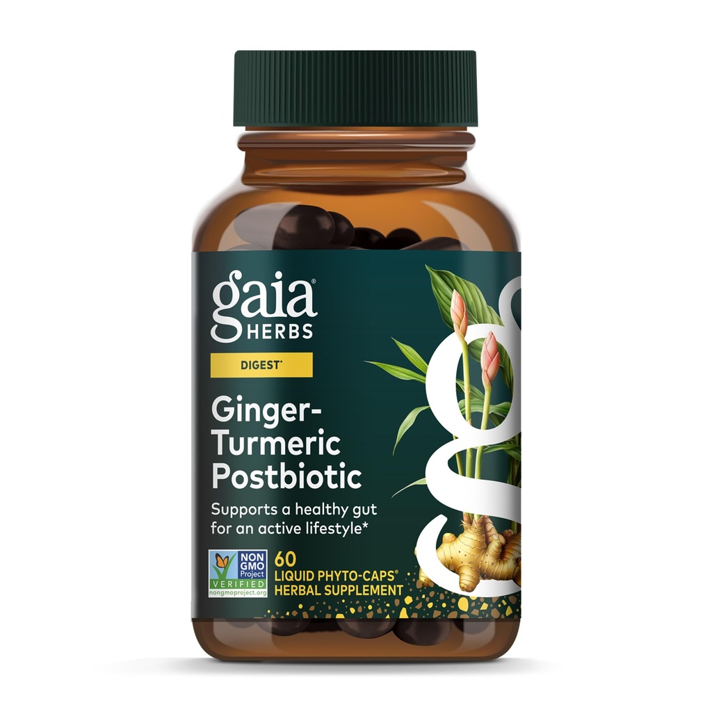 Gaia Herbs Ginger-Turmeric Postbiotic - Supplément de soutien digestif Premium pour la santé des Gut - Fabriqué avec du curcuma fermenté et du gingembre - Exempte de lait, de soja et de gluten - 60 Capsules de végétalien (30 portions)