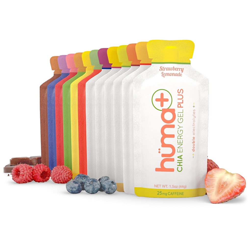 Huma Plus (Double Electrolytes) Gel Chia Energy, lot de variétés - Stomach Friendly, gels d'énergie alimentaire réelle (6 gels originaux et 6 gels plus)