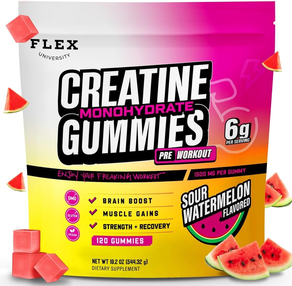 Gommies pré-entraînement créatine pour hommes femmes 6g, Créatine monohydratée pré-entraînement récupération Muscle construction supplément protéines Chewables, pastèque végétalienne Creatina Gym gains de croissance (120 Ct)