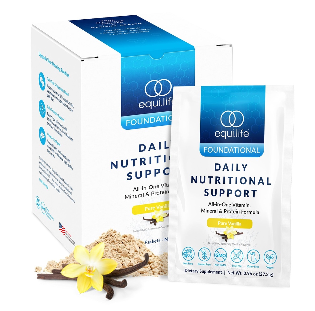 Equilife Daily Nutritional Support, All-in-One Multivitamin Meal Replacement, Pure Vanilla Flavor, Protéine végétale 15G, soutient le bien-être global incluant l'énergie, la digestion et la peau, 14 paquets