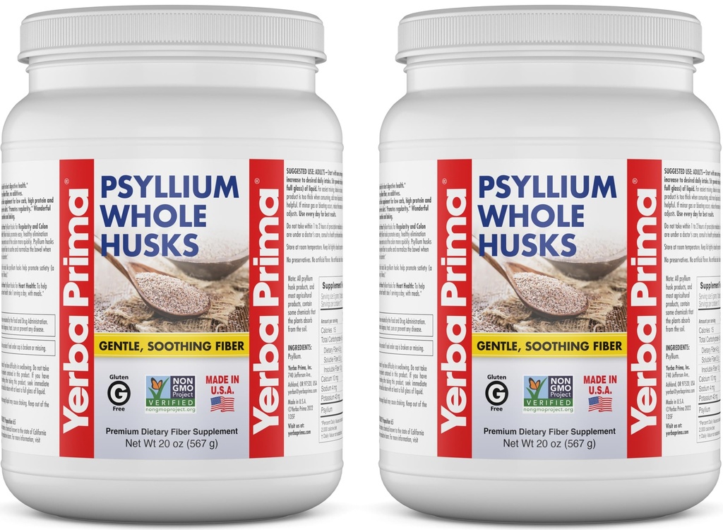 Yerba Prima Psyllium Husk Fiber Supplément 20 oz (paquet de 2) - Vegan, sans gluten, non-OGM