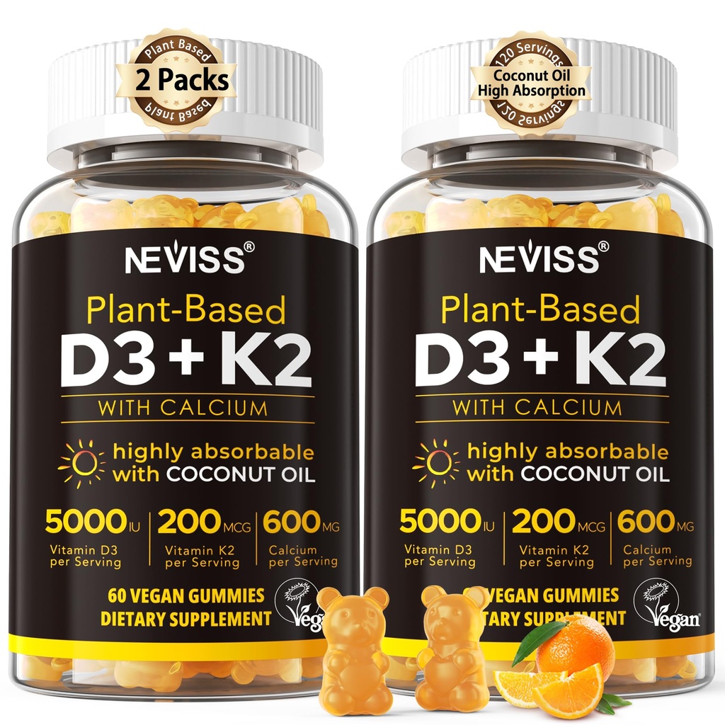 Vitamine D3 5000iu & K2( as MK7 ) 200mcg Gommies + 600mg Calcium, avec huile de noix de coco pour haute absorption, maximum de résistance Vitamine D3 K2 Supplément - Support pour les os musculaires Immune, Vegan 2Packs