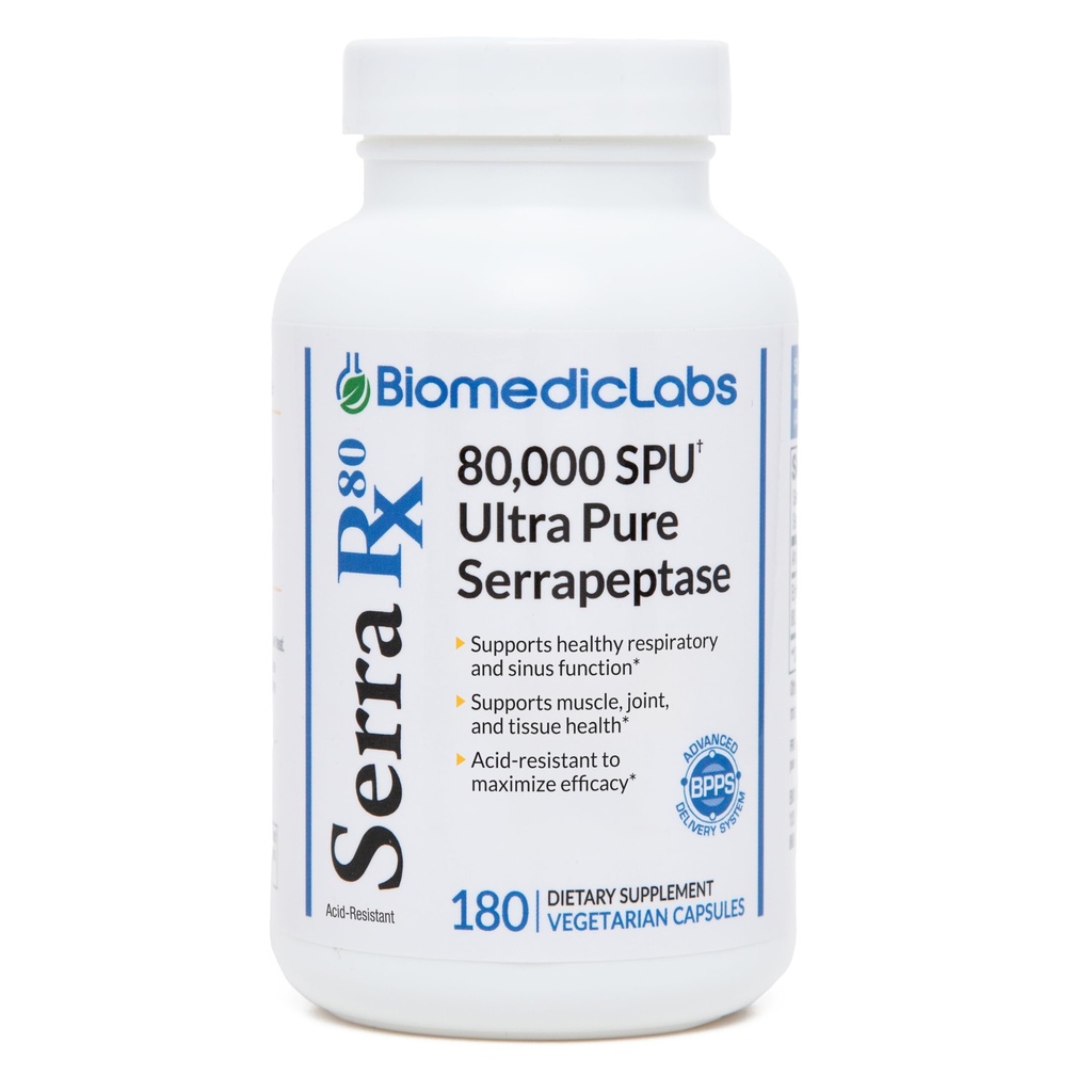 Serra-RX 80.000 SU Serrapeptase - Säure-Resstant Proteolytic Systemic Enzyme, Non-GMO, Glutenfrei, Vegan, Unterstützt Sinus & Lung Health, 180 Veg Kapseln
