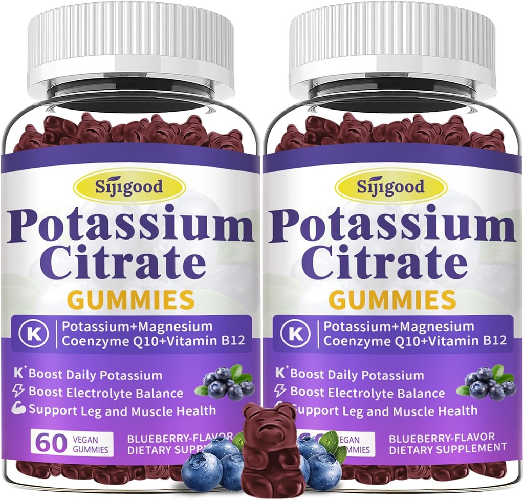 2 Pack Kalium-Zitrat-Gummi, Kalium-Ergänzung für Muskel-Gesundheit, Leg Cramp Relief & Elektrolyt Balance, Vegan, Non-GMO, Glutenfrei, Blueberry Flavor, 120 Count
