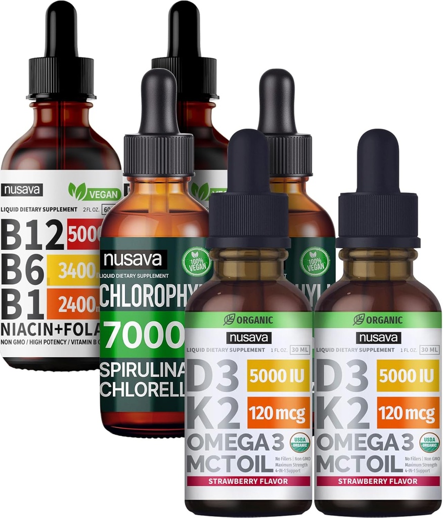 NUSAVA Saveur de fraises D3 K2, Chlorophylle et vitamine B12 gouttes liquides - Potent Vitamines liquides pour le cœur, l'énergie, le cerveau et l'immunité Support - Non-OGM, sans gluten, 2pk Chaque