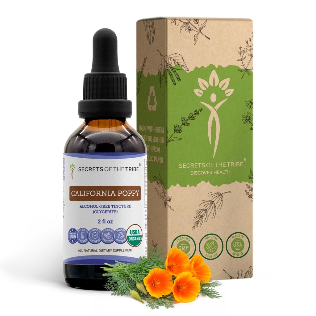 Geheimnisse des Tribe California Poppy Tincture Alcohol-Free Liquid Extract, USDA Organic California Poppy (Eschscholzia Californica) Getrocknete Wurzel (2 FL OZ)