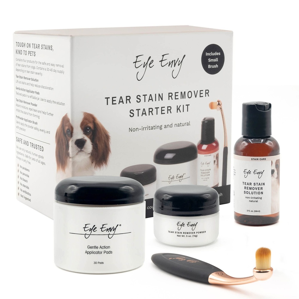 Eye Envy Dog Tear Stain Remover Starter Kit mit ProPowder Brush | Stain Lösung, Applicator Pads, Stain Powder und Small Applicator Brush | Lasts 30-45 Days