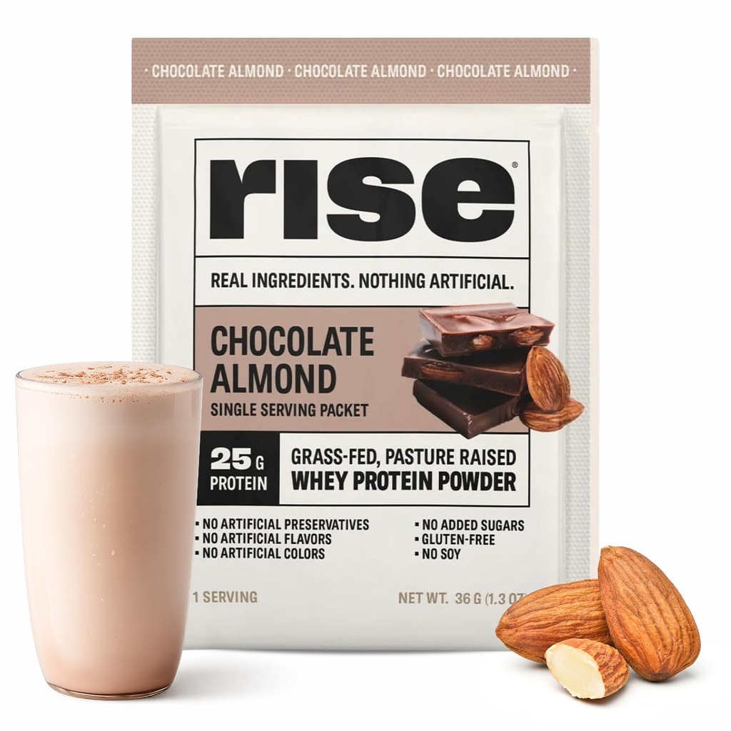Rise Grass-Fed Whey Protein Powder - Chocolate Almond | 25g Protein No Artificial Flavors, Colors, or Preservatives - Sugar Free, Gluten-Free, Soy Free (Single Serving, 1 Pack)