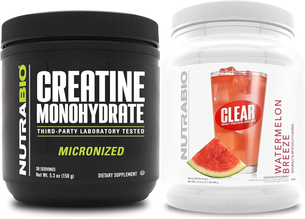 NutraBio Creatine Monohydrate, Unflavored, (150 g) und Clear Whey Protein Isolate, (Watermelon Breeze) Supplement Bundle – Muskelenergie, maximales Wachstum, Erholung und Stärke