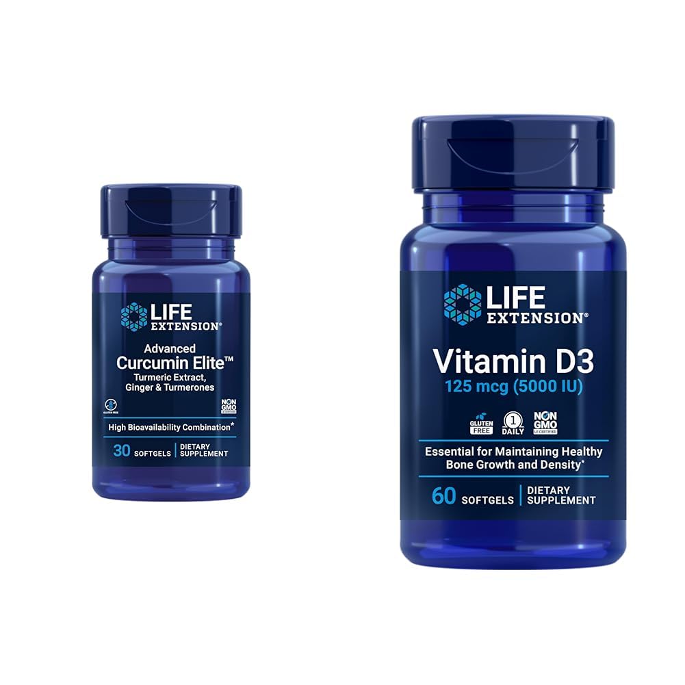 Life Extension Curcumin Elite Turmeric Ginger Extract & Vitamin D3 5000 IU Softgels - Gesunde entzündliche Immunantwort und Knochen Gehirngesundheit - 30 & 60 Count