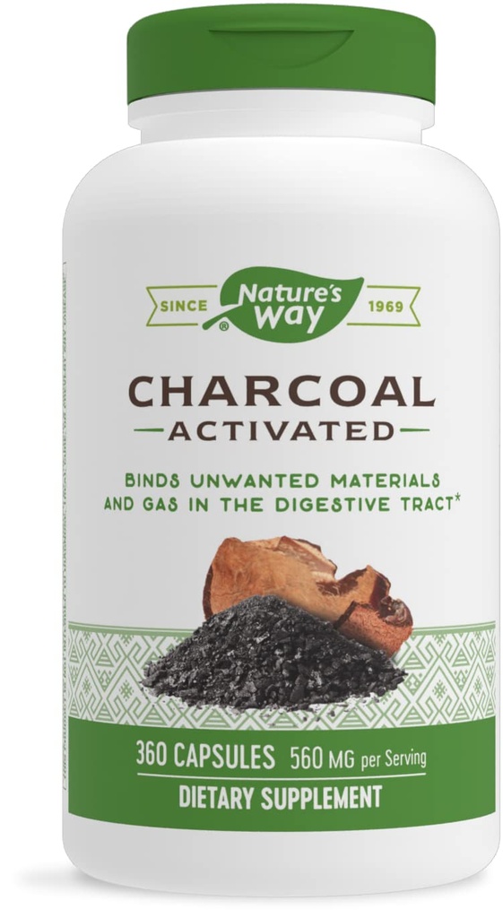 Nature's Way Activated Charcoal, Binds Involved Materials and Gas in the Digestive Tract*, 560 mg par portion de 2 capsules, 360 capsules (paquetage May Vary)