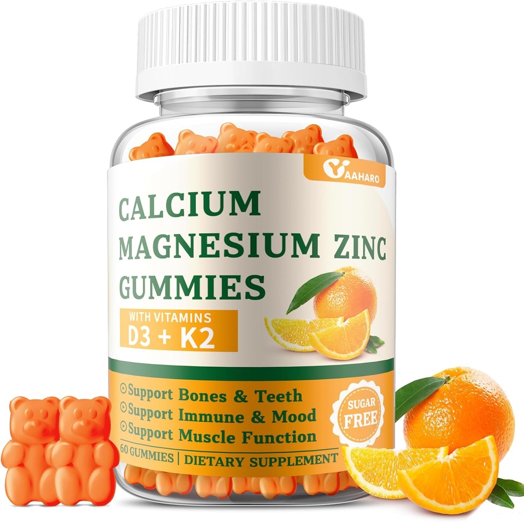 Calcium Magnesium Zink-Gummi mit Vitamin D3 & K2 - Zuckerfreie Calcium-Gummi-Gummi für Damen und Herren - Knochen & Immununterstützung - Non-GMO, Glutenfrei, Orange Flavored - 60 Gummie