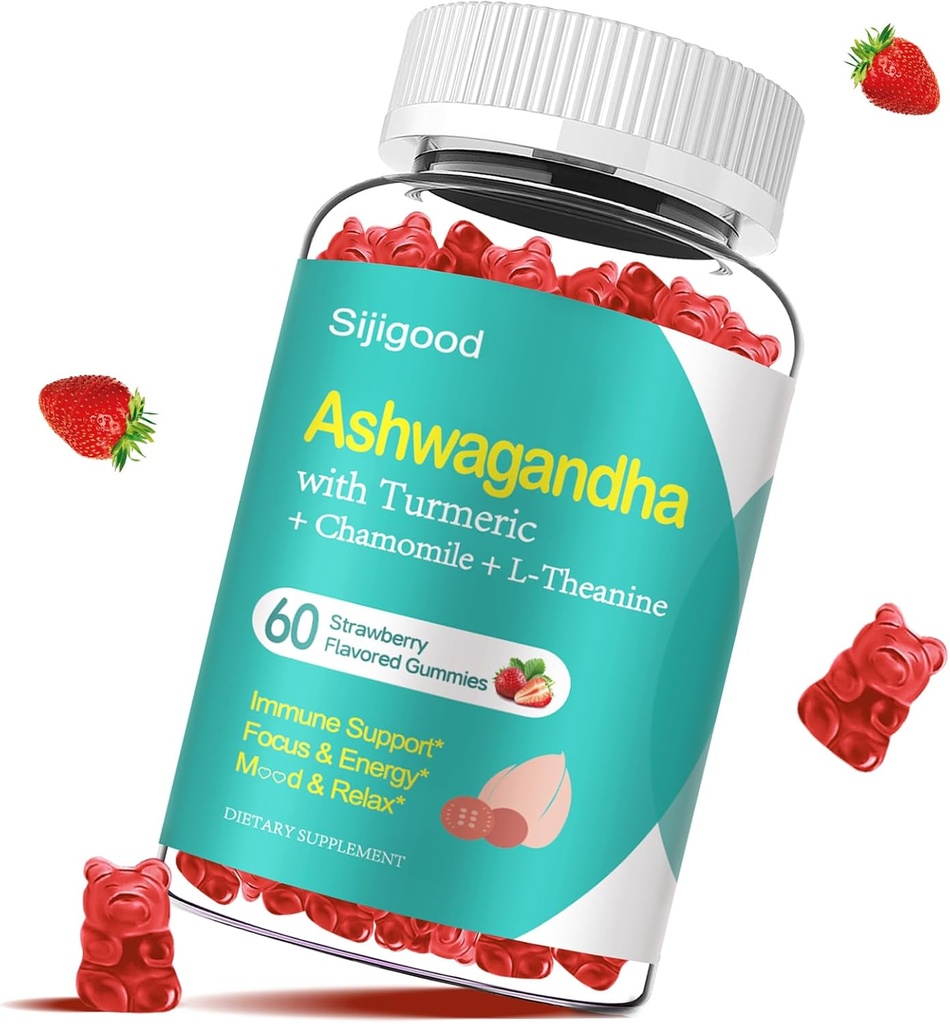 Gummies Ashwagandha avec L-theanine, supplément de racine Ashwa Gummy pour les femmes hommes, 60 gummes aromatisés fraises