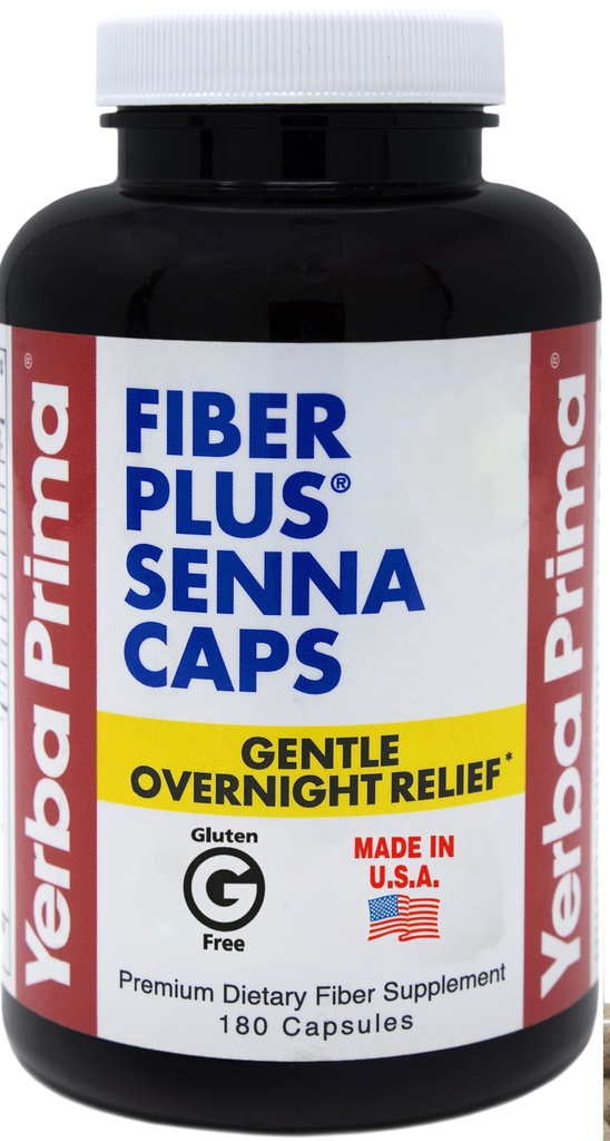 Capsules de Senna Prima Fiber Plus Yerba, 180 comtes - Gentle Overnight Relief, USA Made, Non-OGM, Sans gluten