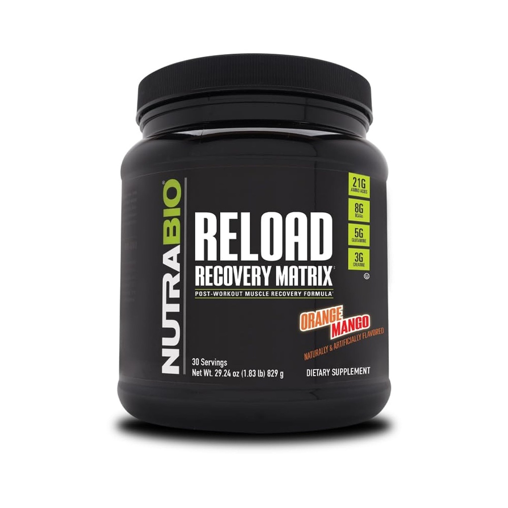 Recharge de NutraBio - Formule de récupération musculaire puissante - Supplément post-entraînement - 3G Créatine - 8G BCAAs - 5G Glutamine - 30 portions, mangue orange