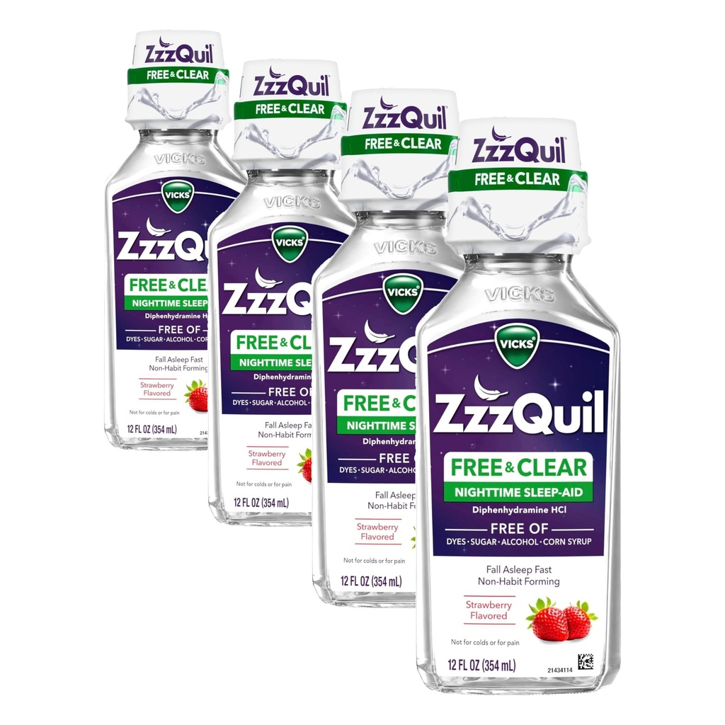 ZzzQuil, Nacht-Schlafhilfe-Flüssig, KOSTENLOS von Alkohol & Künstliche Farbstoffe, 50 mg Diphenhydramin HCl, No1 Schlafhilfe Marke, Fall Asleep Fast, Non-Habit Forming, beruhigende Berry Flavor, 12 FL OZ (Pack mit 4)