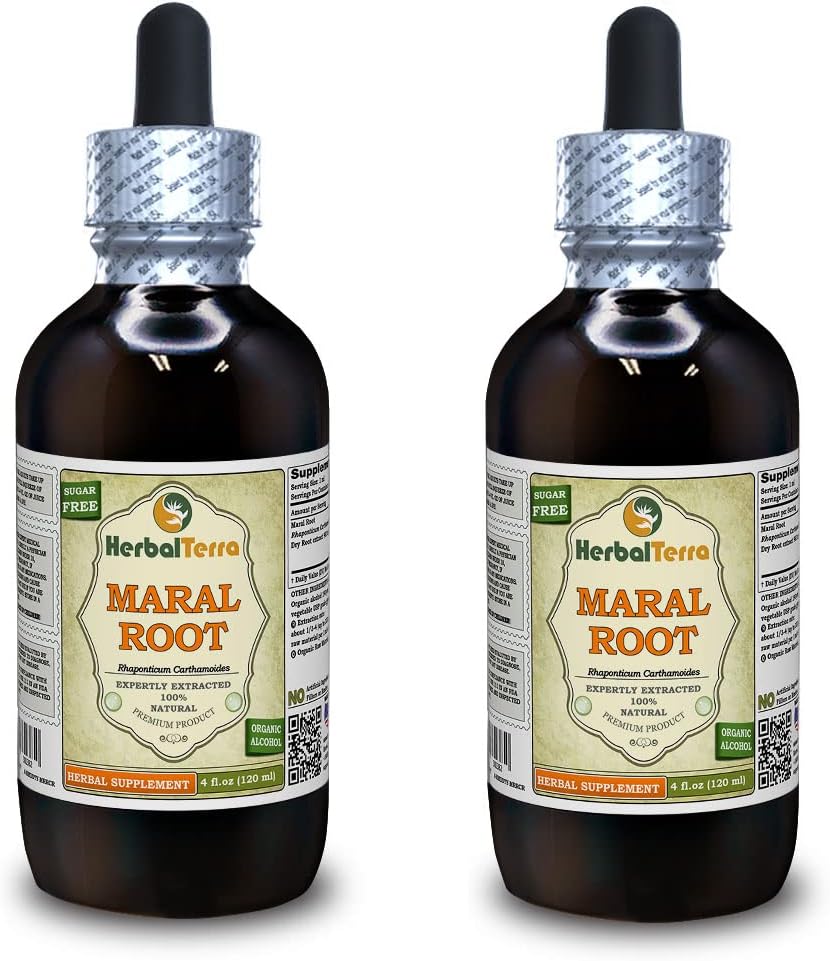 Racine de Maral (Rhaponticum Carthamoides) Teinture, Racines séchées organiques Extrait liquide (Marque: HerbalTerra, Fièrement fabriqué aux États-Unis) 2x4 fl.oz (2x120 ml)
