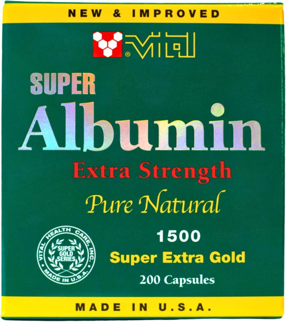 Neu & Verbesserte Super Albumin Gold Extra Strenth 1500 mg 200 Kapseln