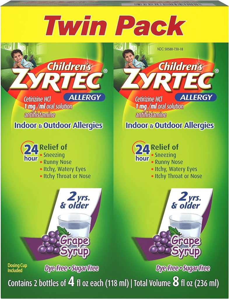 Zyrtec 24 Hr Children's Allergy Syrup mit Cetirizine, Sugar-Free Grape, Twin Pack von 4 fl. oz