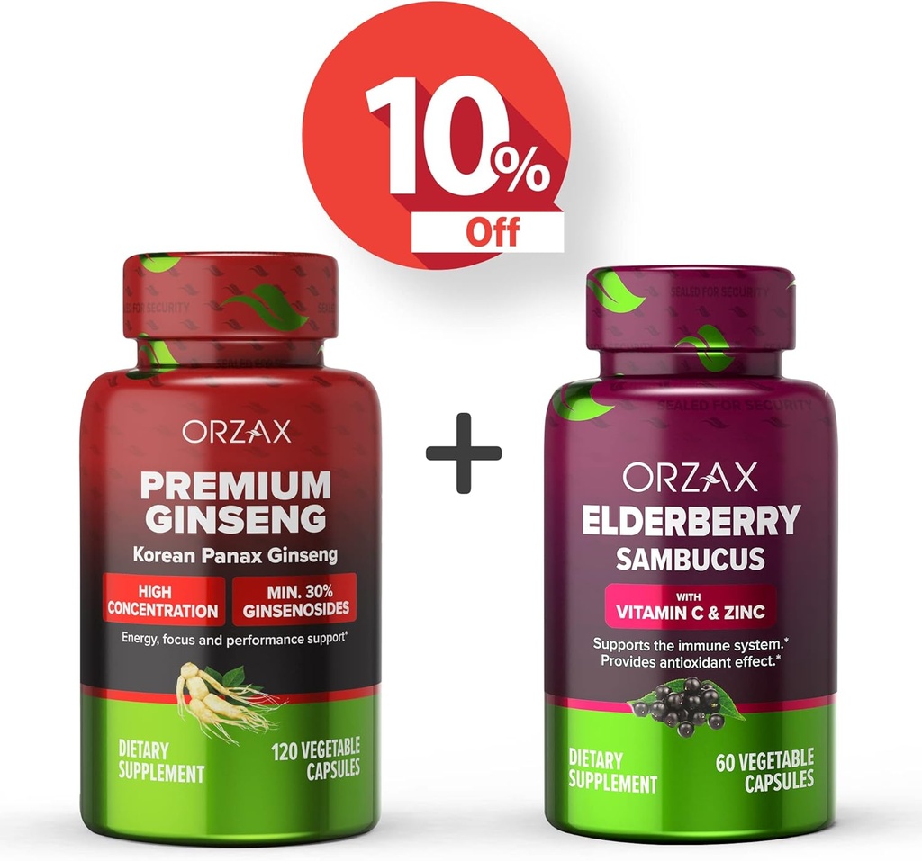 ORZAX Ginseng, 30% Ginsenosides, Premium 120 Gemüsekapseln und Elderberry Kapseln, 2000mg 60 Gemüsekapseln, Bundle