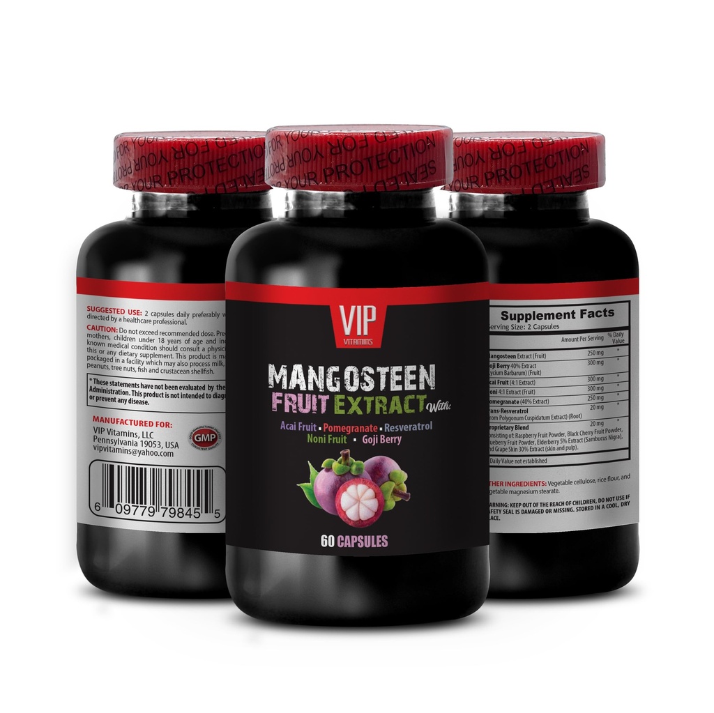 Mangosteen, Mangosteen Extract - Mangosteen Fruit Extract - Acai Berry, Goji Berry, Pomegranate, Noni, Trans-Resveratrol, Elderberry Fruit, Grape Skin - 1 Bottle 60 Capsules
