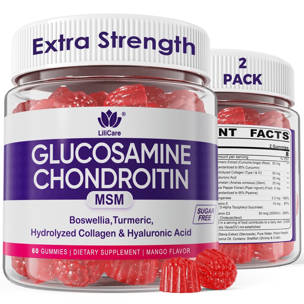Glucosamine Chondroitin Gummies, Sugar Free Glucosamine Chondroitin MSM Supplement, Extra Strength with Boswellia Turmeric, Hydrolyzed Collagen & Hyaluronic Acid, Bone Health for Men & Women, 120 Cts