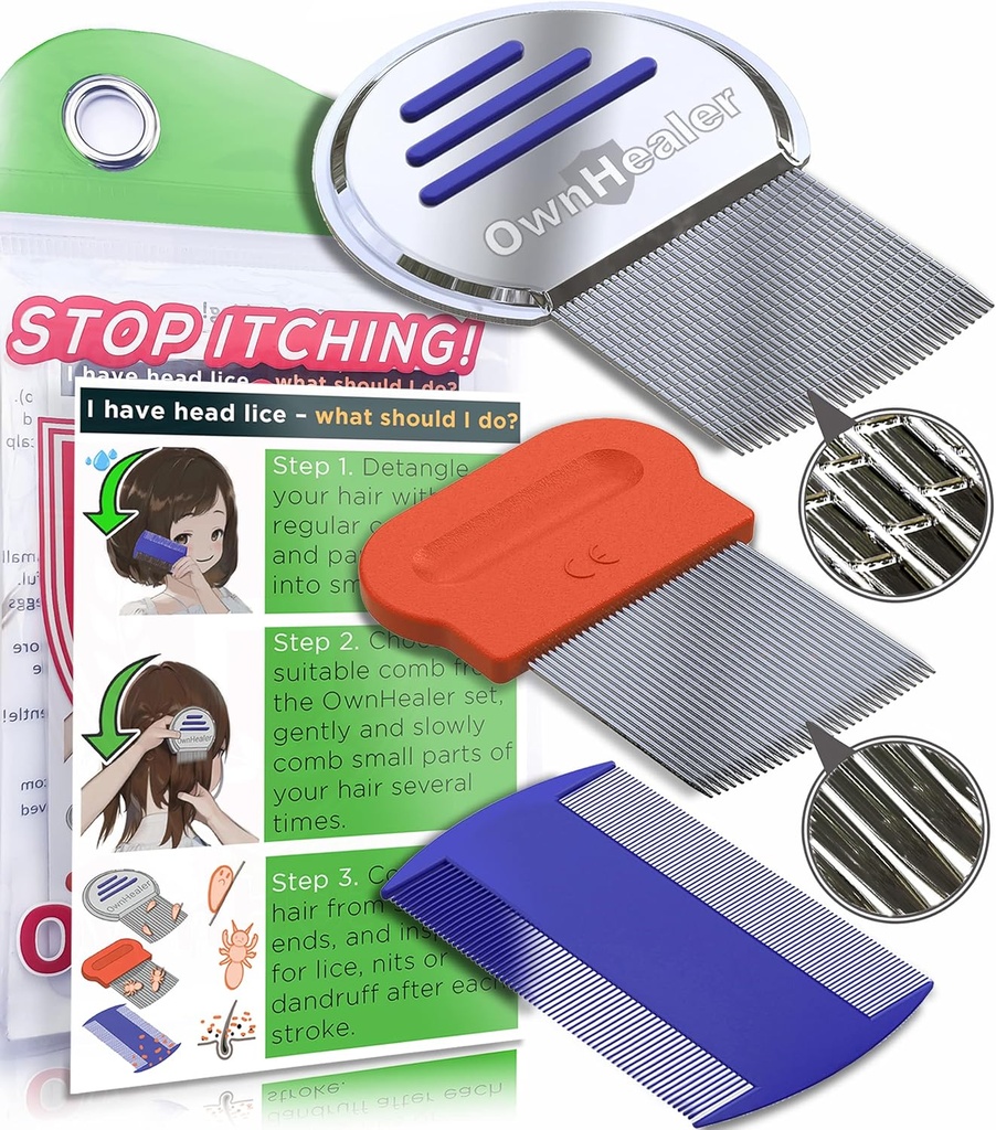 OWNHEALER Professional Comb Kit - pour l'enlèvement de lice, nichons et pellicules. Résultats rapides pour le traitement de la tête de réglisse - Convient à tous les types de cheveux. Peine para piojos y liendres.