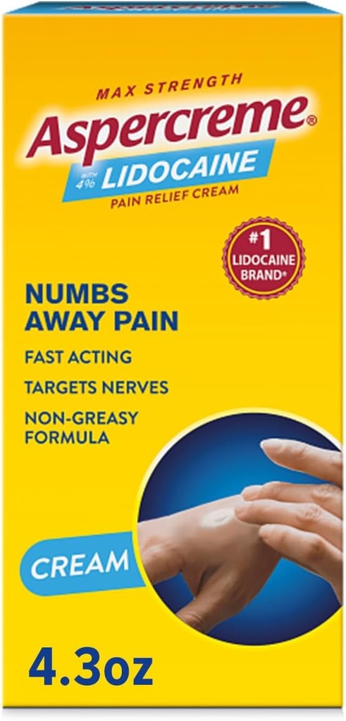 Aspercreme Lidocaine Pain Relief Cream Beruhigt Aggravierte Nerves, Numbing Topical Analgesic mit Max-Strength 4% Lidocaine & Moisturizing Aloe, 4.3 Oz.
