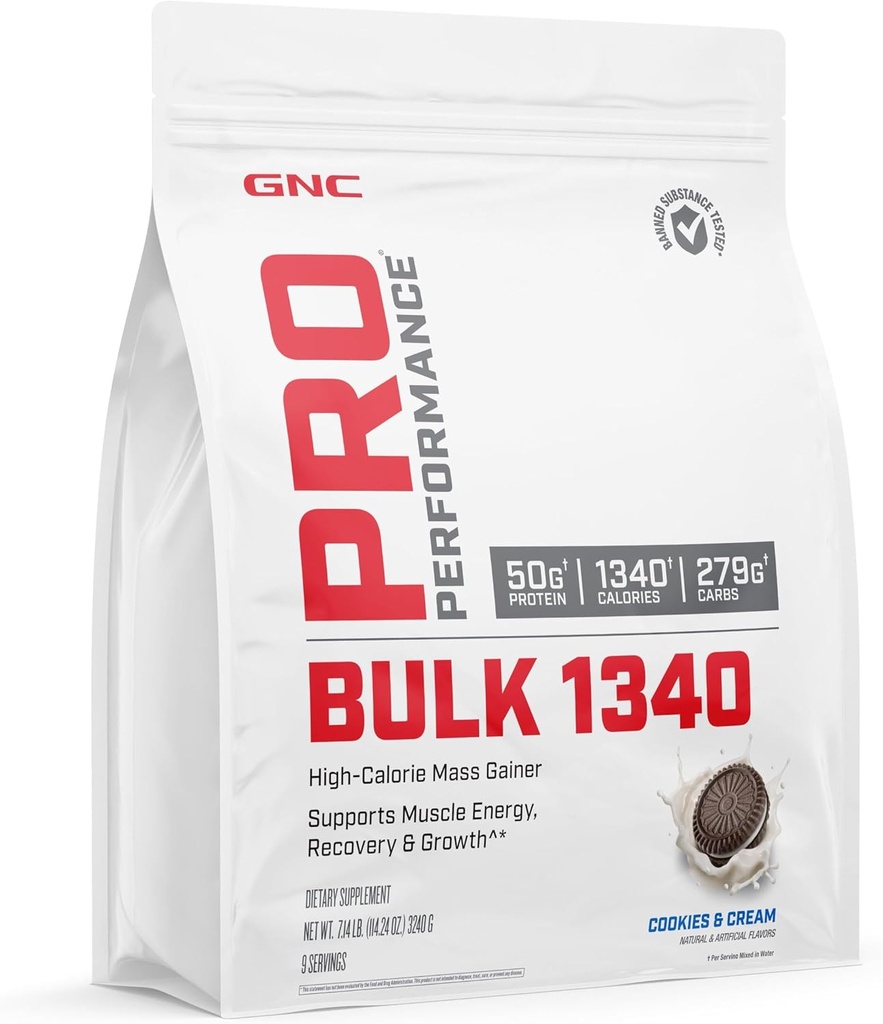 GNC Pro Performance Bulk 1340 Maß Gainer Protein Pulver, 50g, Glutenfrei, Whey, Kreatin, BCAA, 3. Partei Getestet, Muskel Erholung & Wachstum, Mikronährstoffe, Cookies und Creme, 9 Servierungen