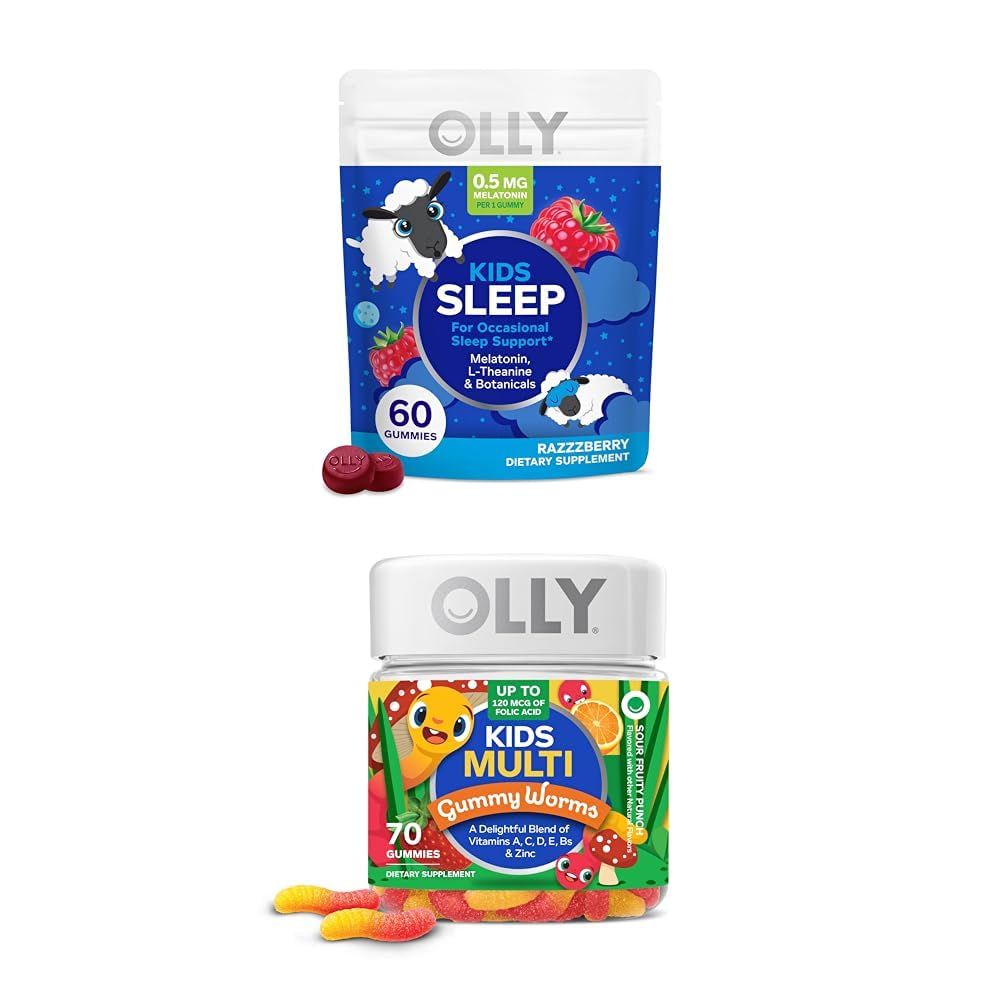 OLLY Kids Sleep Gummy, Melatonin, L Theanine, Kamille, 60 Count und Kids Multivitamin Gummy Worms, Vitamine A C D E Bs Zink, 70 Count