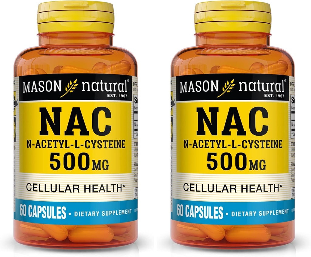 MASON NATURAL NAC N-Acetyl L-Cystein 500 mg - Unterstützt zelluläre Gesundheit, Immunsystem Booster, für allgemeine Wellness, 60 Kapseln (Pack von 2)