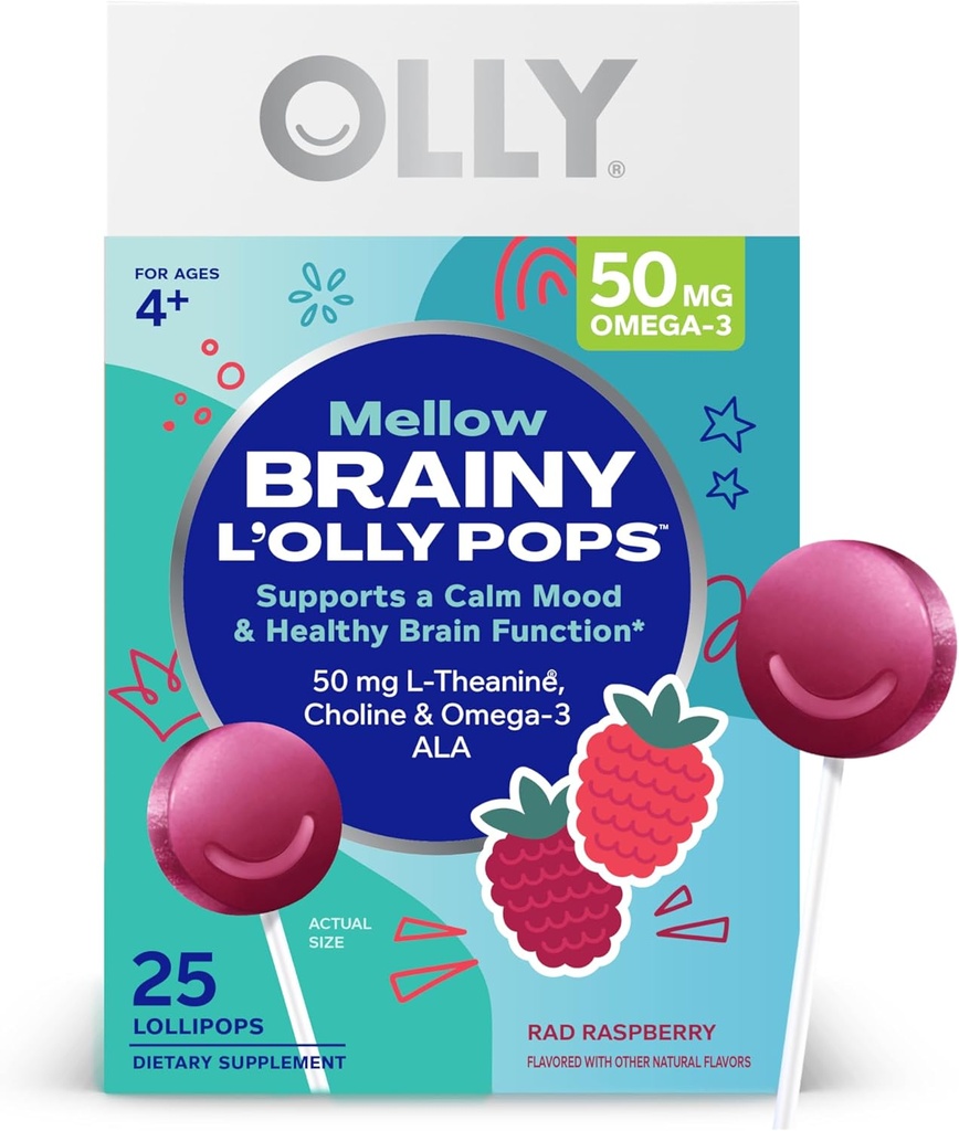 L'OLLY Mellow Buddies L'OLLY Pops, L-Theanine, Choline, Omega-3 ALA, Enfants 4+ Supplément diététique Lollipops, soutient une ambiance calme et une fonction cérébrale saine,* Vegan, framboise aromatisée, 25 comtes