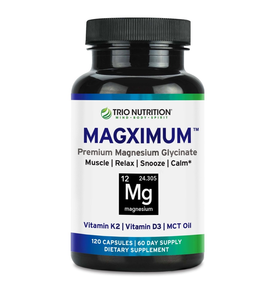 Trio Nutrition MagX Magnésium Glycinate, Vitamine D3, Vitamine K2 & MCT huile de magnésium chélaté Supplément de magnésium calmant, relaxation et récupération , être bien reposé et commencer votre journée avec Magximum