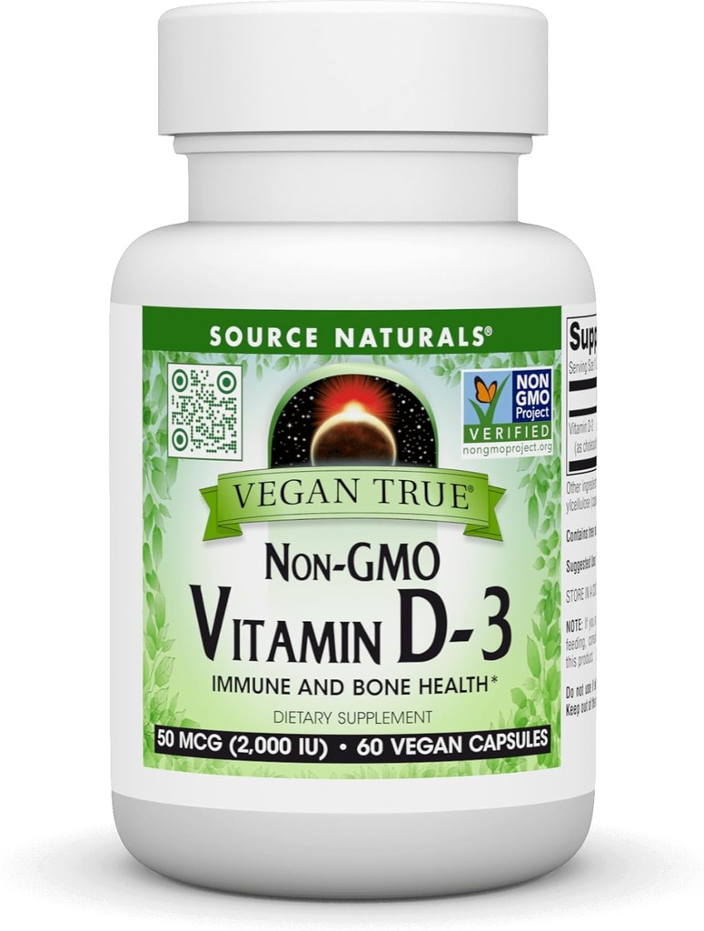 Source Naturelle Vrai végétalien, Vitamine D-3 non OGM, Supplément alimentaire pour la santé immunitaire et osseuse*, 2 000 UI - 60 capsules