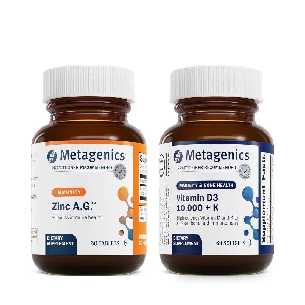 Métagène - Zinc A.G. & D3 10 000 + K - 60 comprimés de Zinc A.G. pour le soutien immunitaire, la santé osseuse, le métabolisme énergétique - 60 Softgels de D3 10 000 + K pour le soutien immunitaire, la santé cardiaque