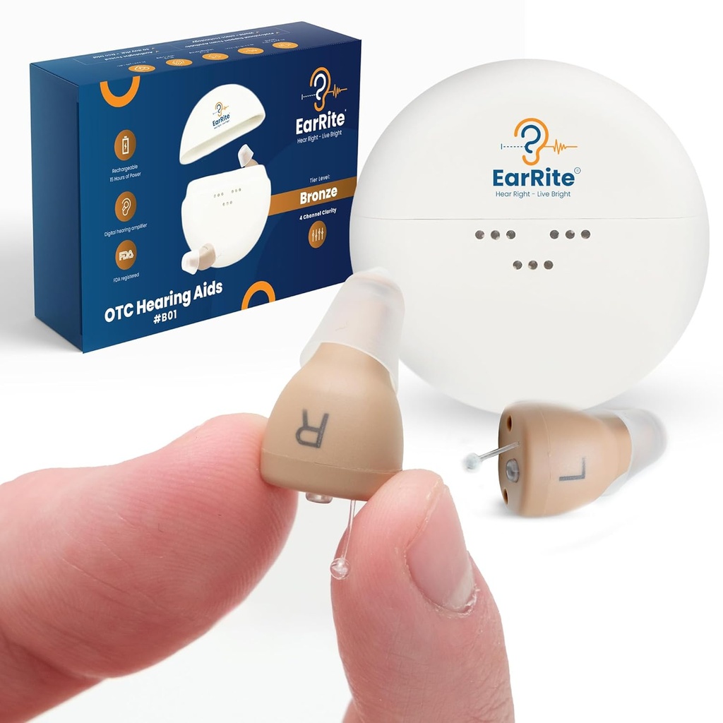 EarRite wiederaufladbare OTC Hörgeräte für Senioren - Nearly Invisible & Komfortable 9 einstellbare Levels von Clarity Compact In-Ear Design Digital Hearing Verstärker mit Lärmreduzierung und Ladefall