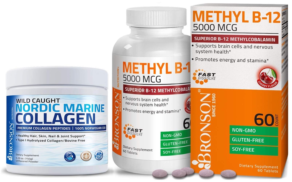 Bronson Marine Collagen Peptide hydrolysiertes Proteinpulver + Methyl B12 5000 mcg Vitamin B12 Methylcobalamin