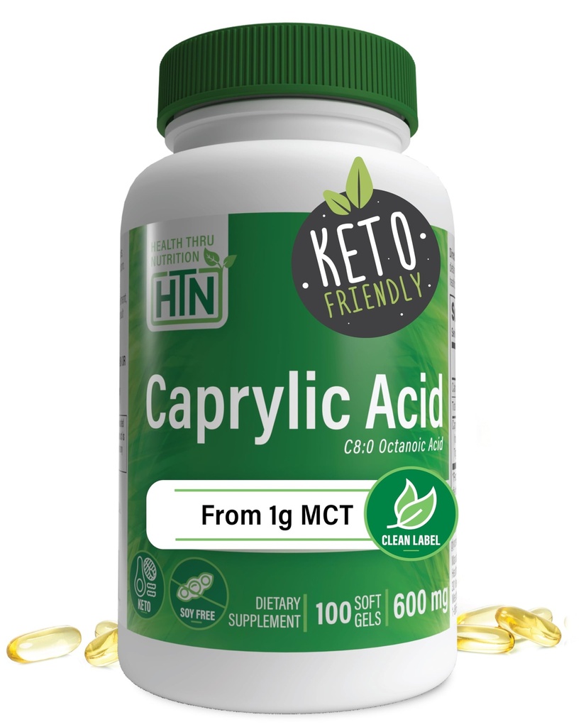 Santé Thru Nutrition Acide caprylique 600mg 100 Softgels ► C8 Acid octanoïque de l'huile de 1g de MCT pure sans OGM et sans soya, soutenir la santé digestive et intestinale saine
