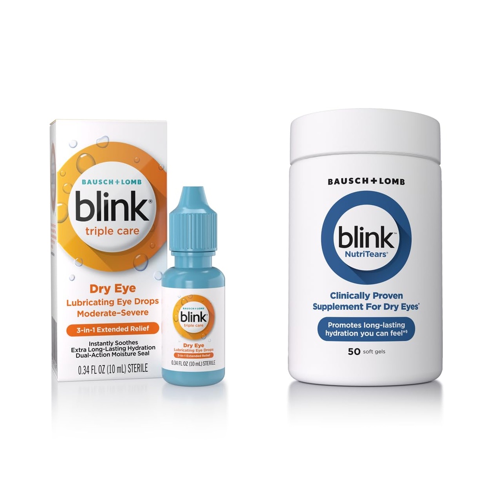 Blink Augentropfen für trockene Augen, Triple Care Lubricant Augentropfen, sofort beruhigend, Feuchtigkeitsspendend + Blink NutriTears Klinisch bewährte Ergänzung für trockene Augen, 50 Softgels