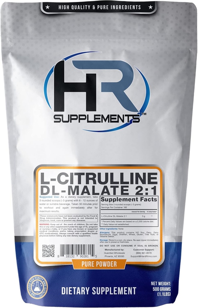 HR-Ergänzungen L-Citrullin DL-Malat 2:1 Pulver, 500 Gramm (1,1 Lbs), Unflavored, Lab-Tested, Scoop Included