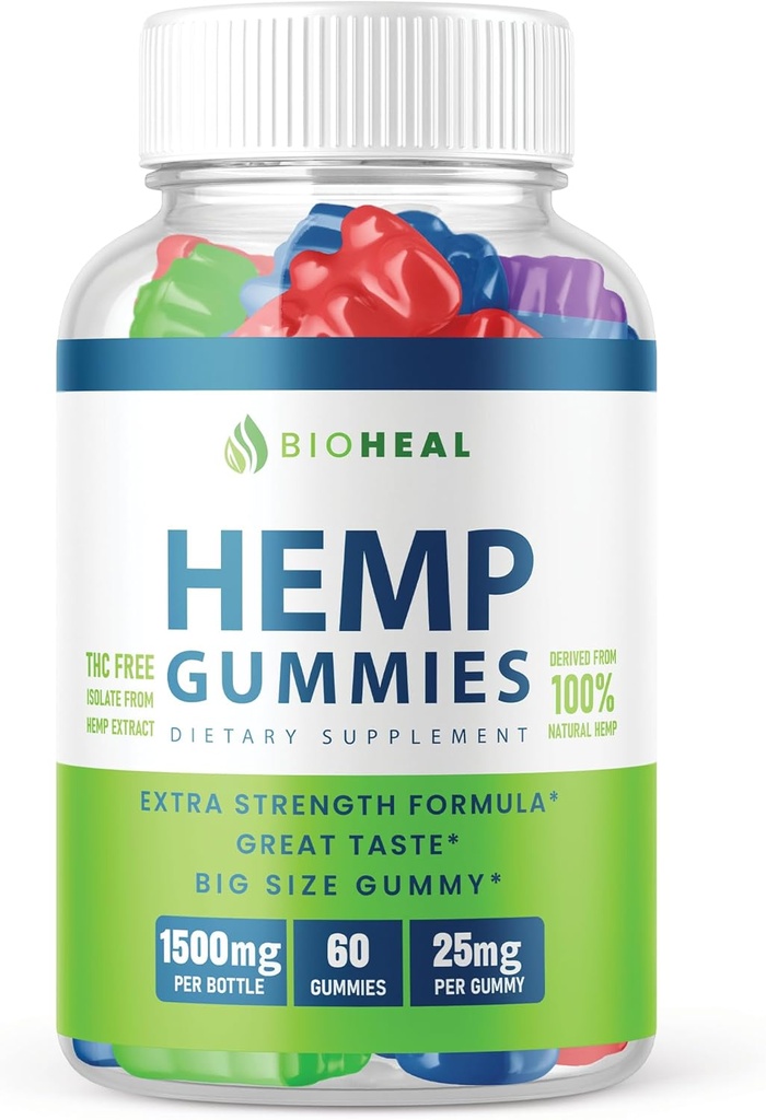 BioHeal Gummis - Offizielle Formel - Bioheal Gummis mit Hanf Extrakt Extra Kraft Leistung Hanf Mischung, Großer Geschmack, Bio Heil Big Size Gummy, Neu 2023 1500mg pro Flasche Neu 2023 (60 Gummi)